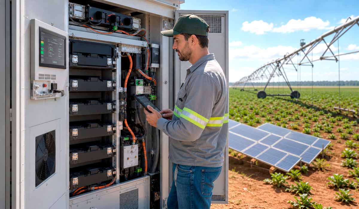 Técnico inspeciona sistema de baterias com monitoramento digital que garante operação contínua de irrigação e equipamentos no campo Técnico inspeciona sistema de baterias com monitoramento digital que garante operação contínua de irrigação e equipamentos no campo
