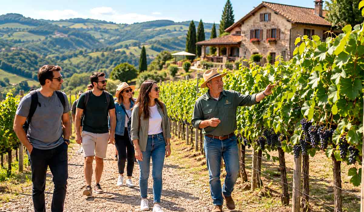 Visitantes percorrem vinhedos na Serra Gaúcha, exemplo de agroturismo que diversifica a renda das propriedades rurais que combina produção agrícola e experiências para turistas de todo o mundo Visitantes percorrem vinhedos na Serra Gaúcha, exemplo de agroturismo que diversifica a renda das propriedades rurais que combina produção agrícola e experiências para turistas de todo o mundo