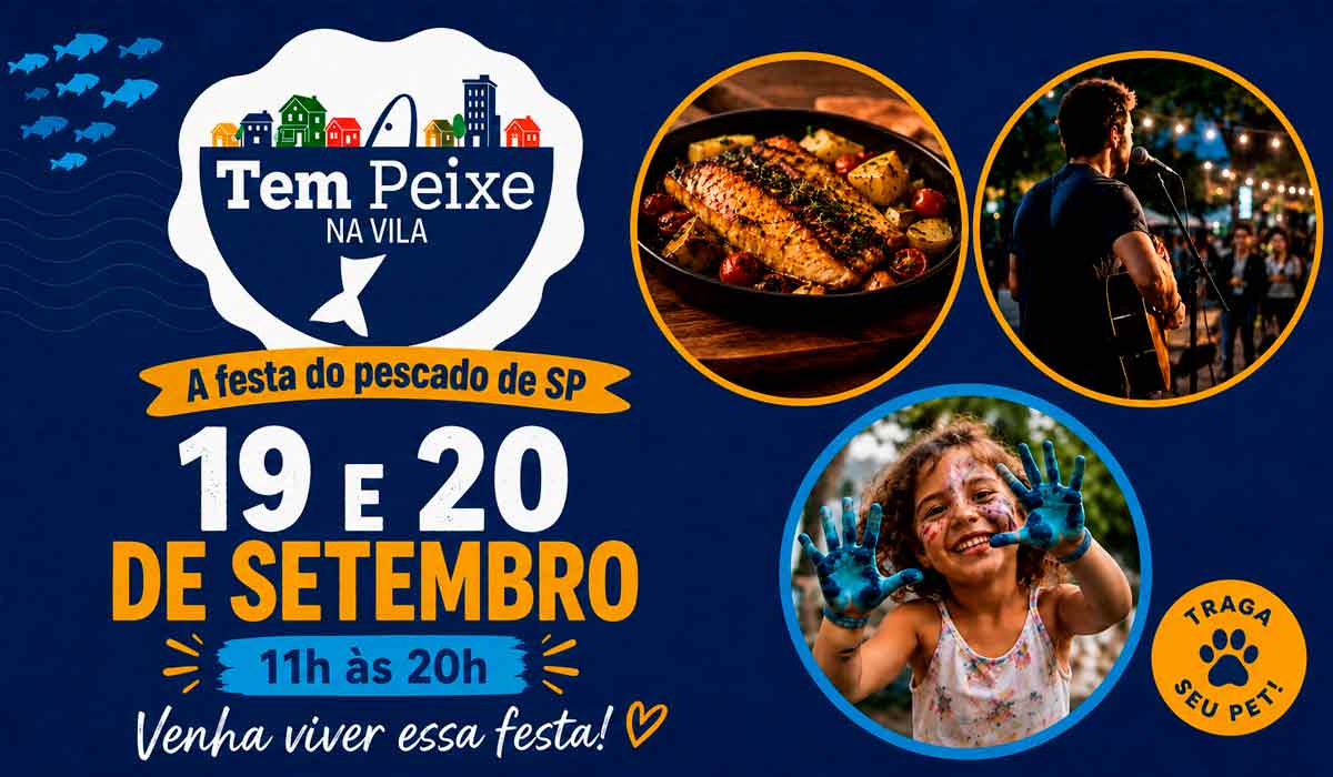 Festa Tem Peixe na Vila no Instituto de Pesca, em São Paulo, com barracas de gastronomia de pescado, público em dia de sol e programação ao ar livre