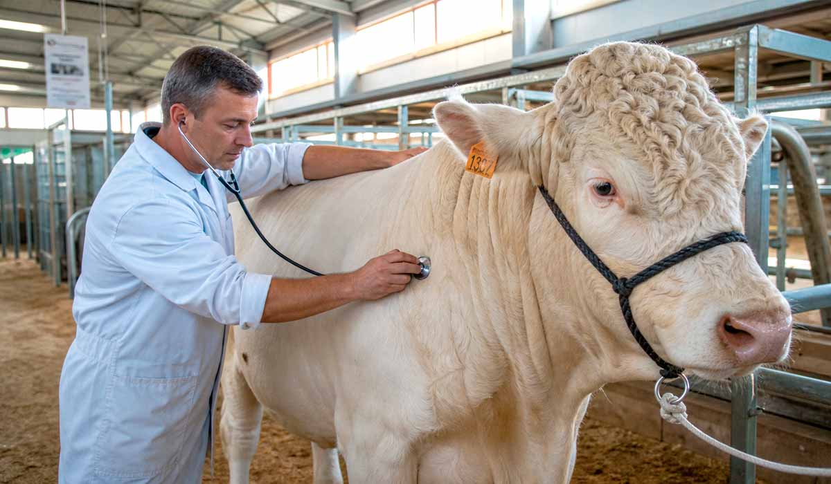 médico-veterinário avalia bovino em galpão de exposição, com manejo calmo e iluminação natural médico-veterinário avalia bovino em galpão de exposição, com manejo calmo e iluminação natural