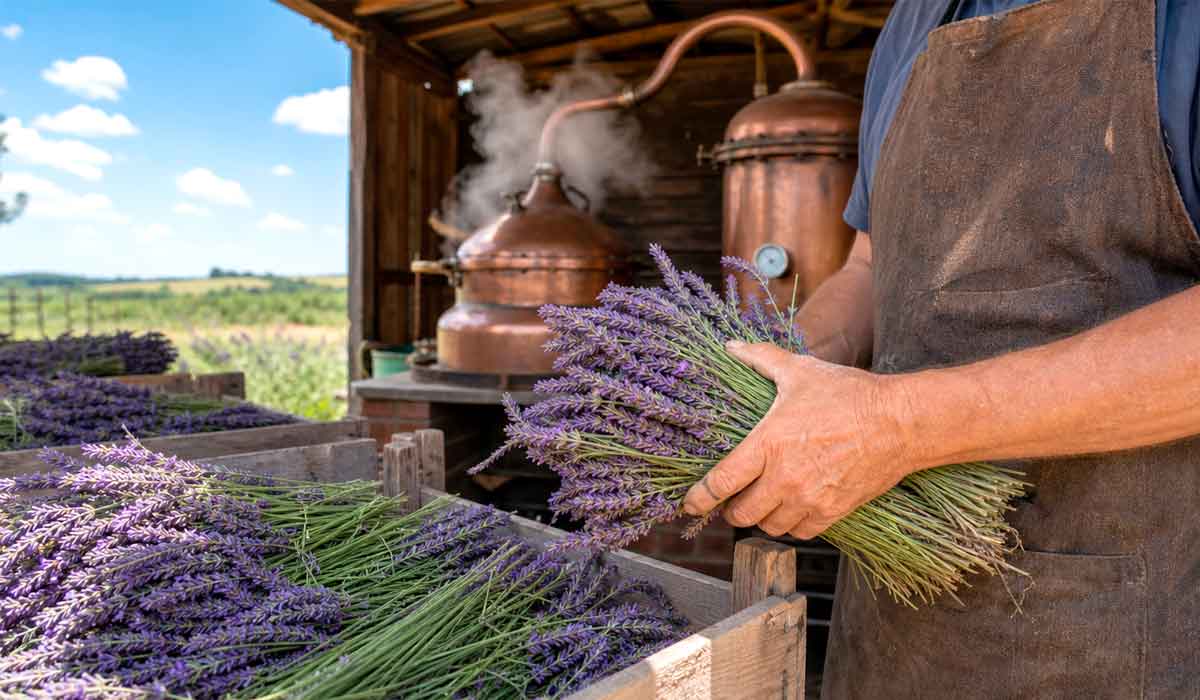 Colheita manual e destilação de lavanda em propriedade familiar, base da produção de óleo essencial em Morro Reuter Colheita manual e destilação de lavanda em propriedade familiar, base da produção de óleo essencial em Morro Reuter