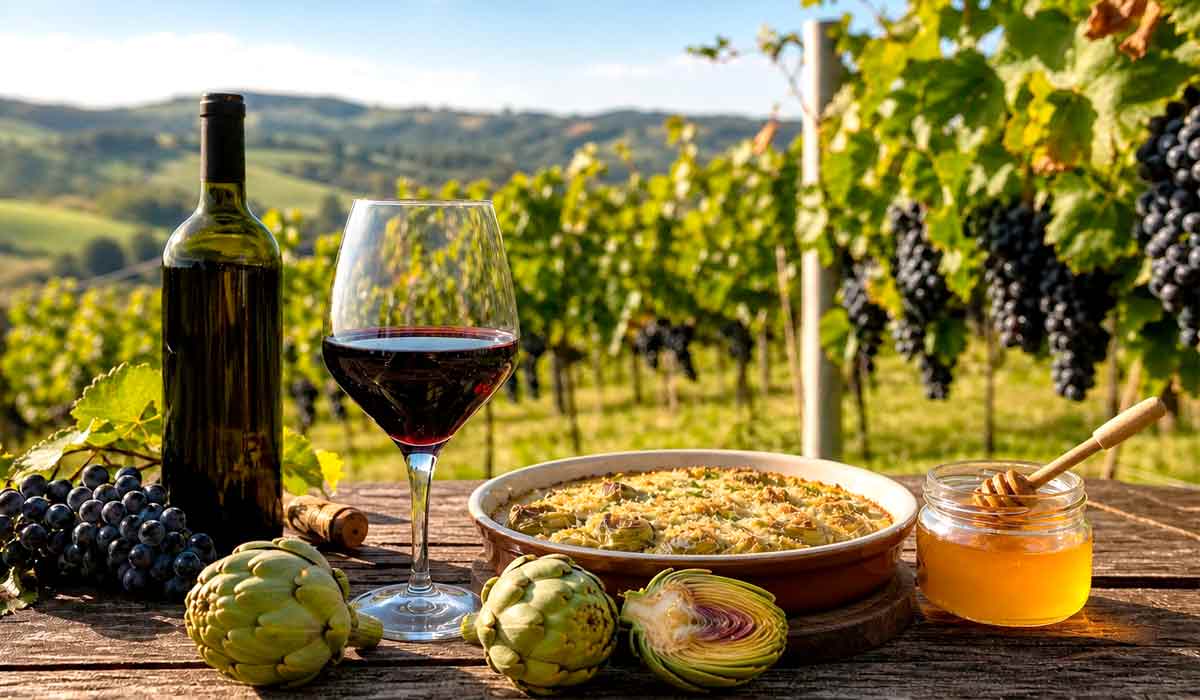 Taças de vinho harmonizadas com a gastronomia da Estrada do Vinho, tradição centenária que volta a crescer em São Roque, muita alcachofra e mel para completar o cenário Taças de vinho harmonizadas com a gastronomia da Estrada do Vinho, tradição centenária que volta a crescer em São Roque, muita alcachofra e mel para completar o cenário
