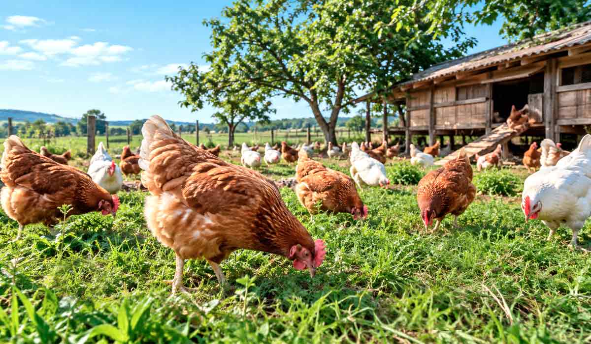 Galinhas soltas em área de pastejo em fazenda de ovos caipiras, com céu azul de dia claro e ambiente rural natural