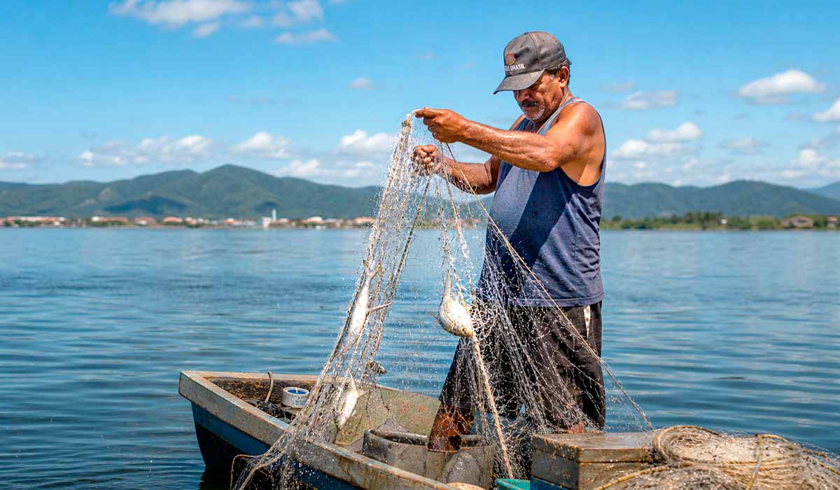 Rede de espera sendo recolhida à mão, retrata o trabalho diário dos pescadores artesanais da Lagoa de Araruama Rede de espera sendo recolhida à mão, retrata o trabalho diário dos pescadores artesanais da Lagoa de Araruama