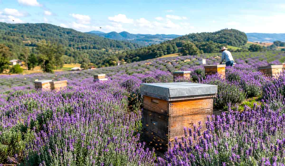 Colmeias instaladas entre fileiras de lavanda na Serra Gaúcha transformam o néctar das flores em especialidade apícola certificada Colmeias instaladas entre fileiras de lavanda na Serra Gaúcha transformam o néctar das flores em especialidade apícola certificada
