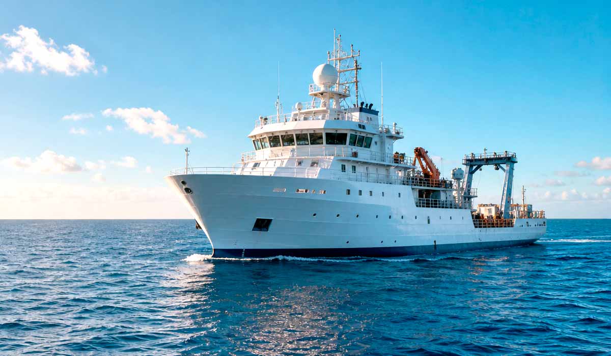 Navio de pesquisa oceanográfica em alto-mar com céu azul e poucas nuvens, imagem que representa a ciência oceânica brasileira e a agenda da Década do Oceano