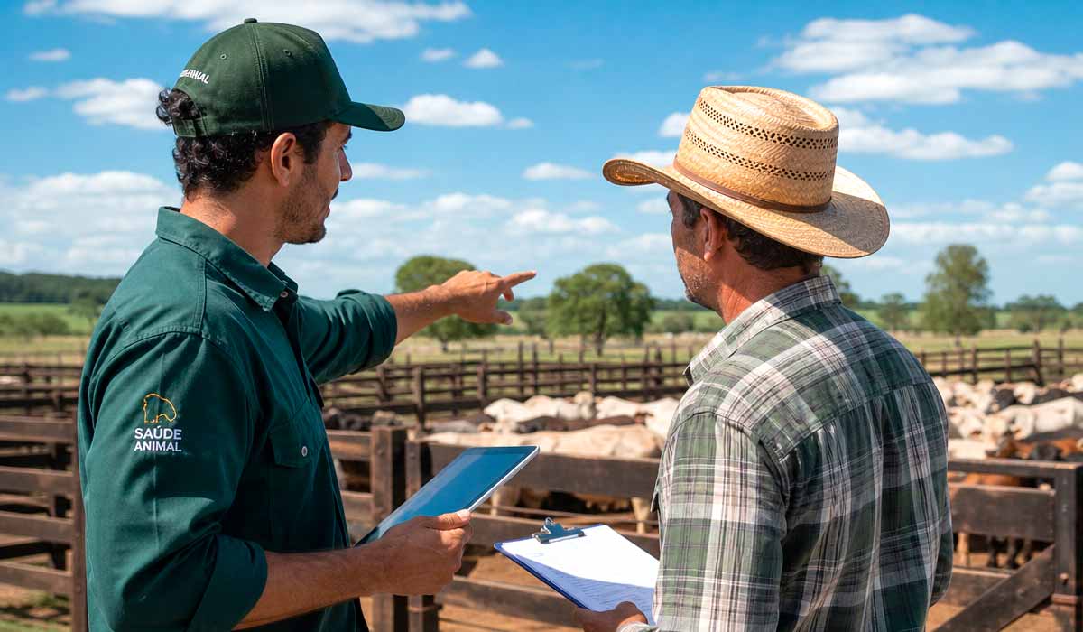 Técnico de campo orienta produtor sobre manejo nutricional em fazenda de pecuária de corte Técnico de campo orienta produtor sobre manejo nutricional em fazenda de pecuária de corte