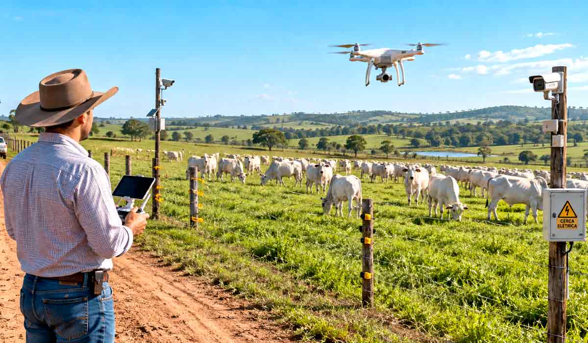Brinco eletrônico em vaca nelore identifica os animais e alimenta o sistema de monitoramento que detecta movimentações atípicas do rebanho. Rastreamento por GPS e vigilância aérea integram a nova camada de proteção contra quadrilhas especializadas em furto de gado no campo Brinco eletrônico em vaca nelore identifica os animais e alimenta o sistema de monitoramento que detecta movimentações atípicas do rebanho. Rastreamento por GPS e vigilância aérea integram a nova camada de proteção contra quadrilhas especializadas em furto de gado no campo