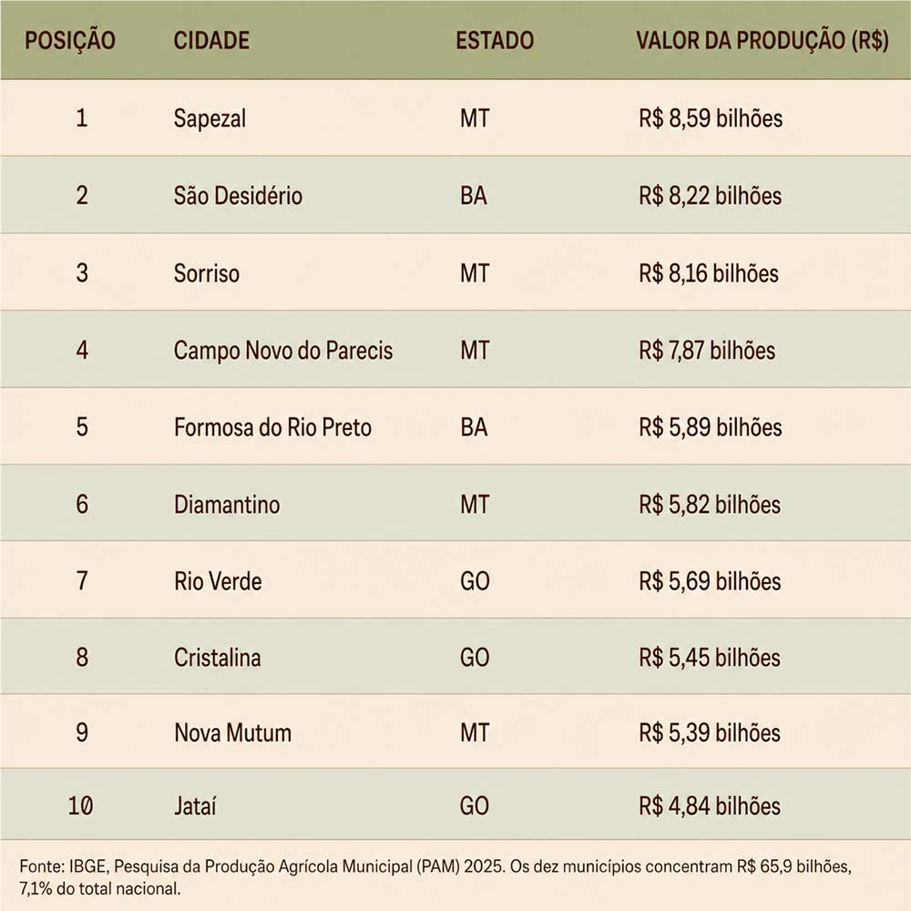 Ranking 2025: as 10 cidades com maior valor de produção agrícola do Brasil Ranking 2025: as 10 cidades com maior valor de produção agrícola do Brasil