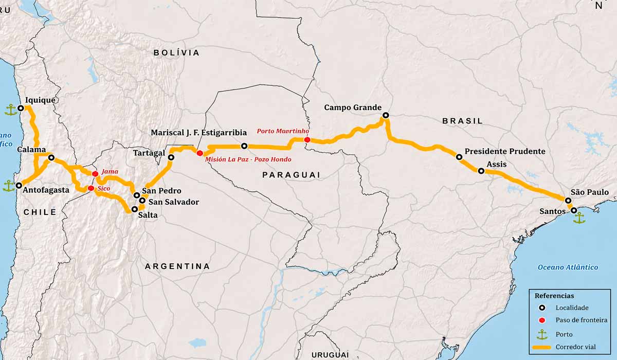 A rota terá 2396 quilômetros ligando o Porto de Santos, em São Paulo, aos portos de Antofagasta e Iquique, no Chile A rota terá 2396 quilômetros ligando o Porto de Santos, em São Paulo, aos portos de Antofagasta e Iquique, no Chile
