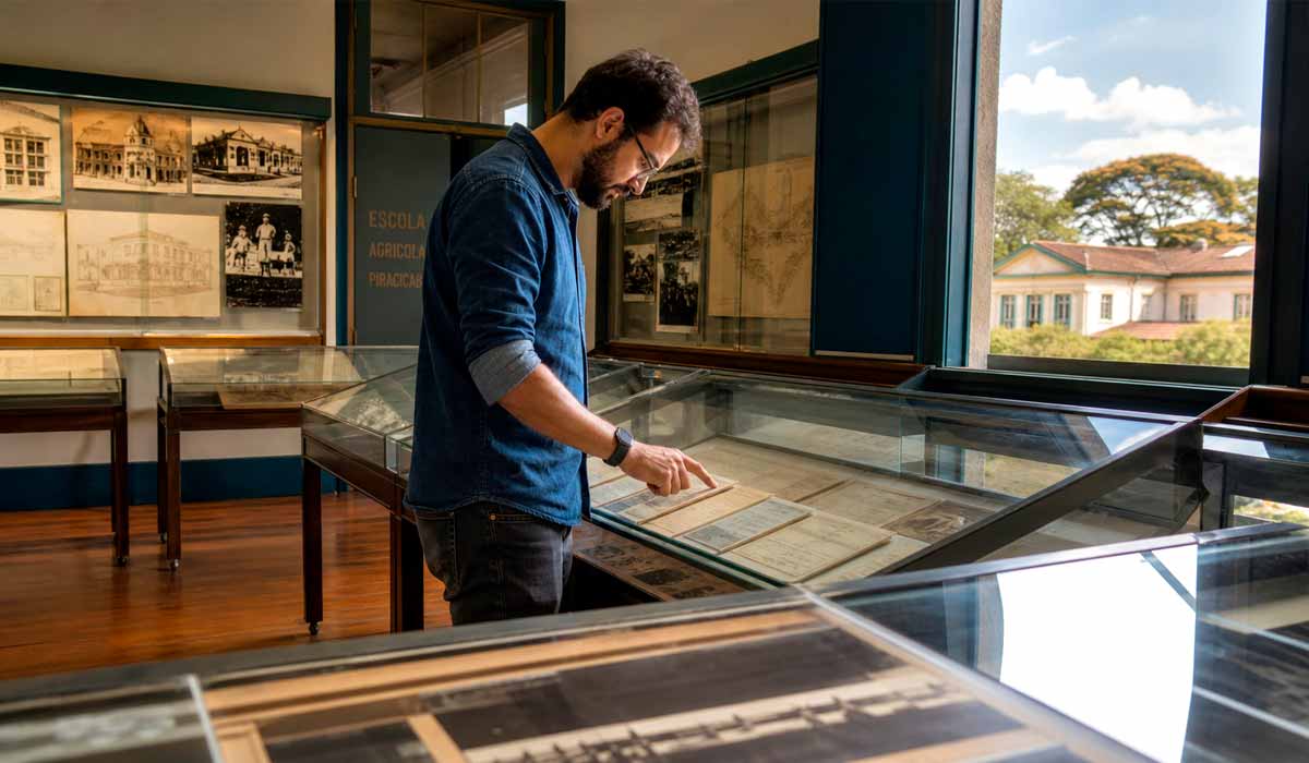 documentos históricos, fotografias, mapas e plantas em exposição, com pesquisador examinando a coleção documentos históricos, fotografias, mapas e plantas em exposição, com pesquisador examinando a coleção