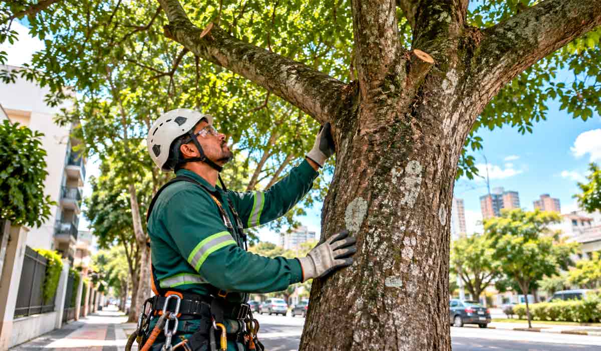 Profissional de arborização executa poda de manutenção em copa de árvore urbana, procedimento técnico que preserva o equilíbrio estrutural da planta Profissional de arborização executa poda de manutenção em copa de árvore urbana, procedimento técnico que preserva o equilíbrio estrutural da planta