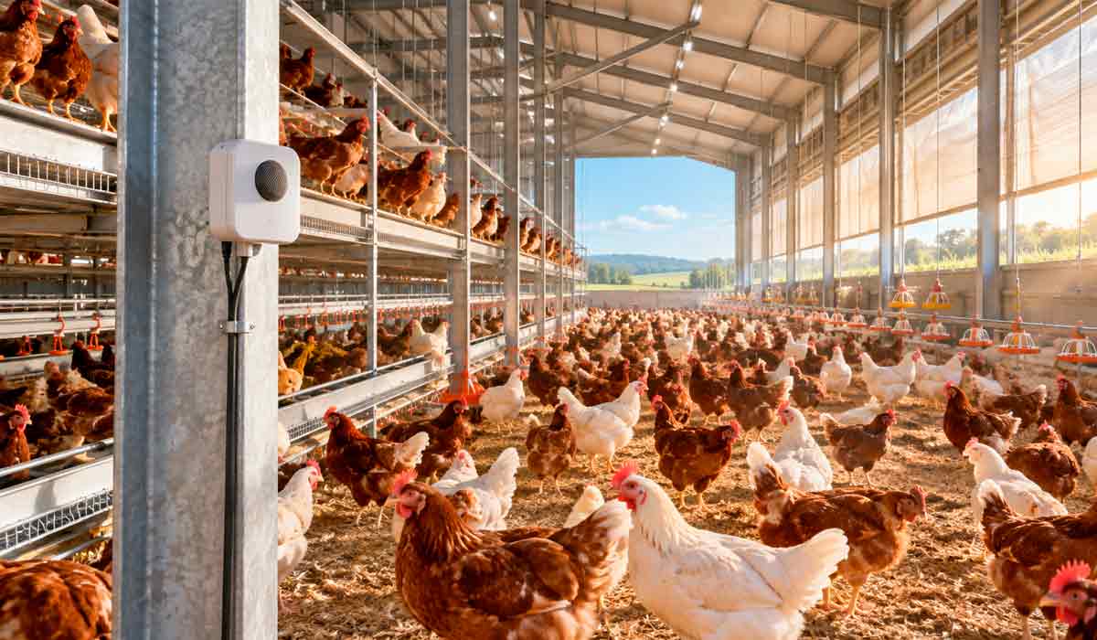 Sensores acústicos e inteligência artificial monitoram as vocalizações de poedeiras em aviário comercial, antecipando sinais de estresse e apoiando a gestão de bem-estar