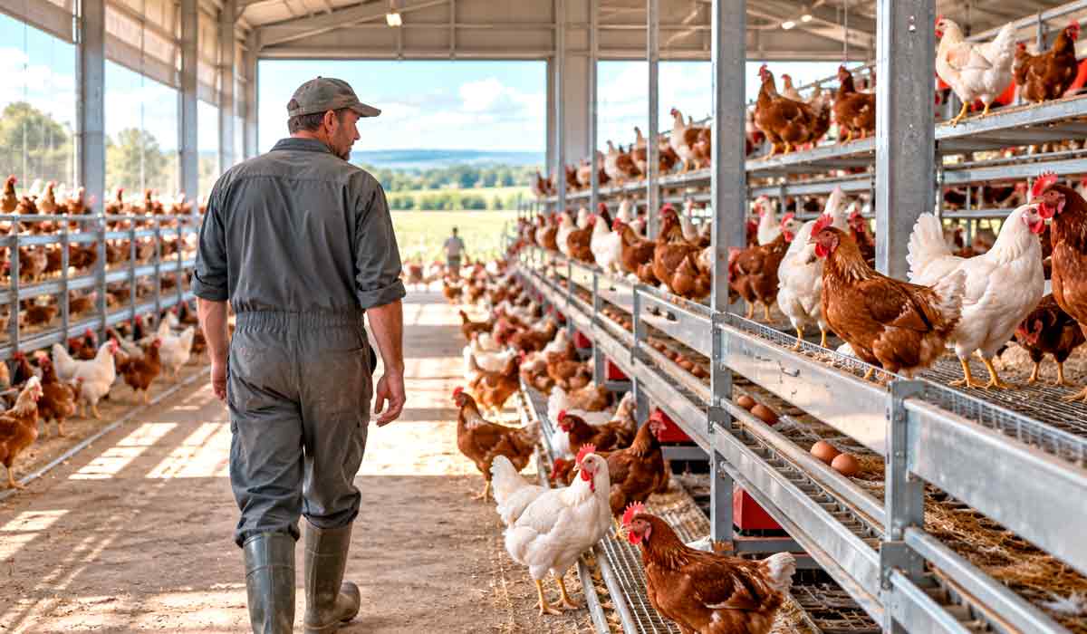 Produtor observa o lote de poedeiras em sistema solto, enquanto sensores captam o comportamento sonoro que complementa, sem substituir, o olhar humano Produtor observa o lote de poedeiras em sistema solto, enquanto sensores captam o comportamento sonoro que complementa, sem substituir, o olhar humano