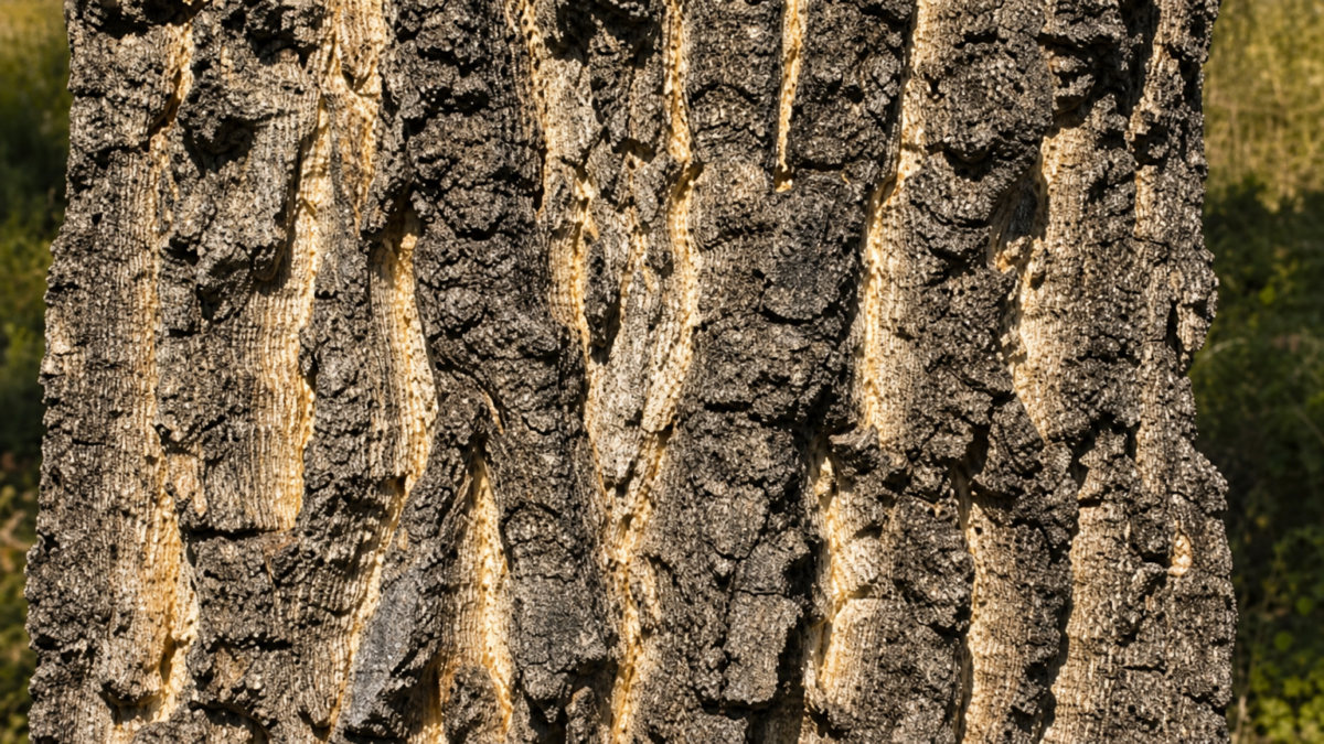 Tronco com casca suberosa e fissuras profundas, característica que ajuda na identificação da espécie no campo Tronco com casca suberosa e fissuras profundas, característica que ajuda na identificação da espécie no campo