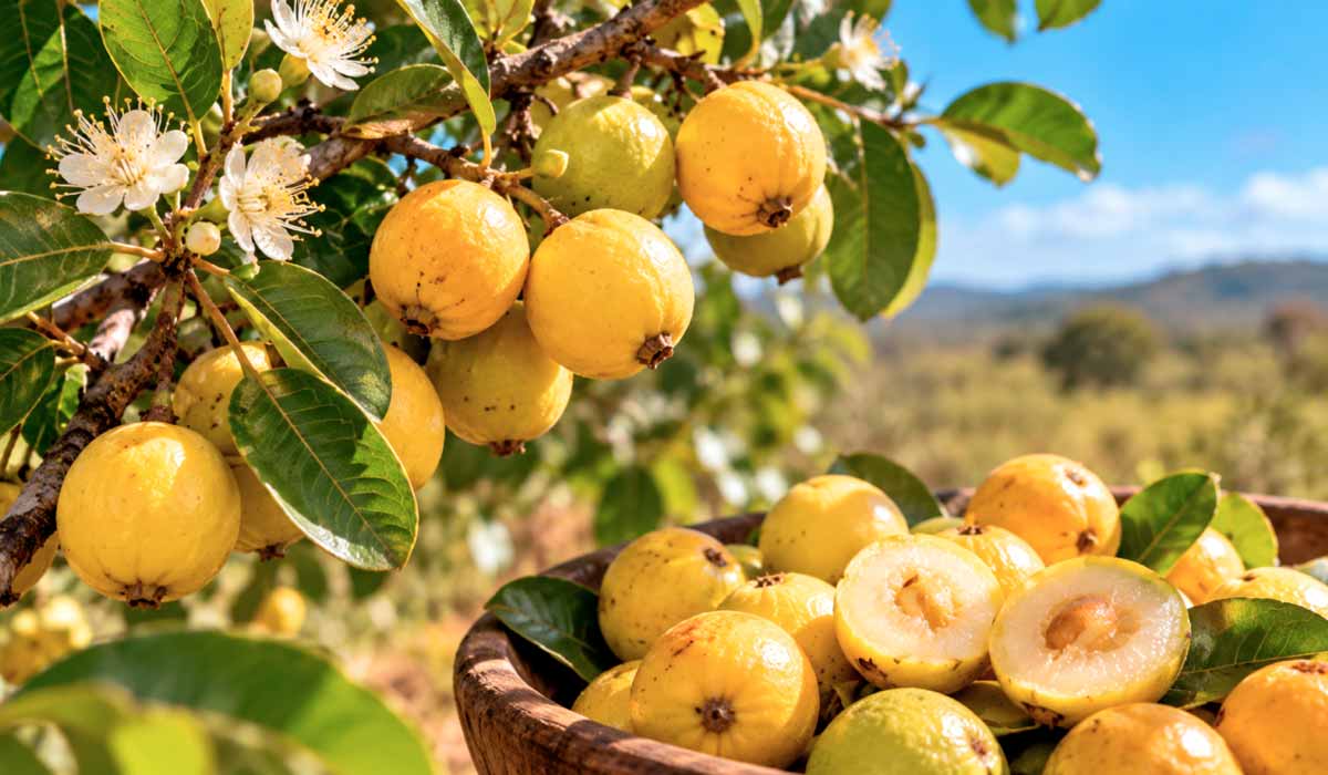 Fruto da cagaita revela polpa ácida e sementes, imagem que ilustra a matéria-prima de sucos e geleias Fruto da cagaita revela polpa ácida e sementes, imagem que ilustra a matéria-prima de sucos e geleias