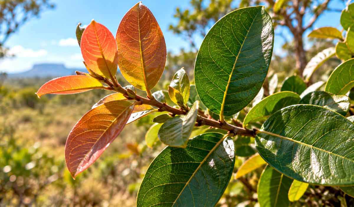 Folhas da cagaiteira em close revelam o contraste entre brotos avermelhados e folhas adultas verde-escuras, característica marcante da espécie Folhas da cagaiteira em close revelam o contraste entre brotos avermelhados e folhas adultas verde-escuras, característica marcante da espécie