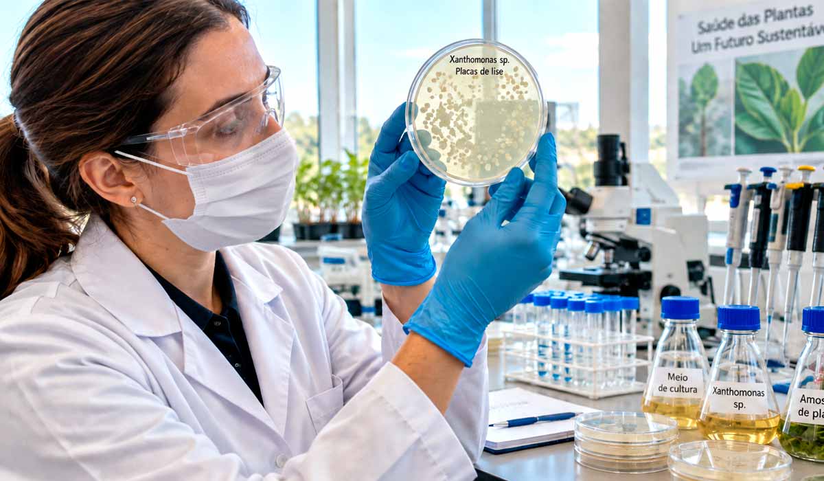 Pesquisadora analisa cultura bacteriana em laboratório, etapa dos testes que identificou o fago P27 contra a bactéria do cancro cítrico Pesquisadora analisa cultura bacteriana em laboratório, etapa dos testes que identificou o fago P27 contra a bactéria do cancro cítrico