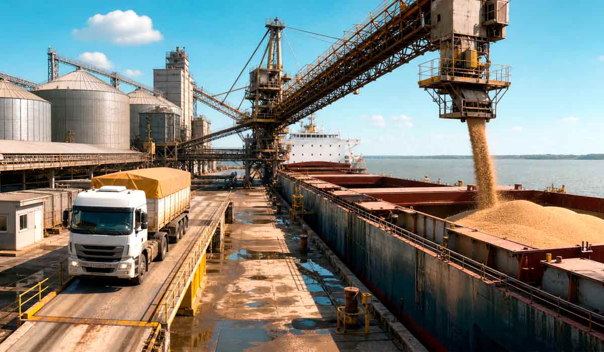 Carregador de navio despeja soja em porão de graneleiro em terminal portuário, etapa final de um fluxo logístico exposto a desvios. Operação que concentra fiscalização, rastreabilidade e risco reputacional da cadeia Carregador de navio despeja soja em porão de graneleiro em terminal portuário, etapa final de um fluxo logístico exposto a desvios. Operação que concentra fiscalização, rastreabilidade e risco reputacional da cadeia