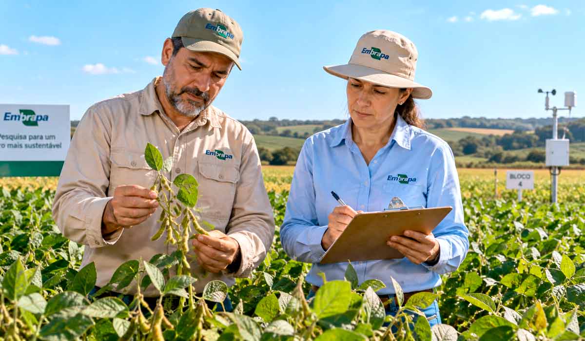Pesquisadores avaliam plantas em área experimental, etapa essencial para gerar tecnologias que elevam a rentabilidade das lavouras Pesquisadores avaliam plantas em área experimental, etapa essencial para gerar tecnologias que elevam a rentabilidade das lavouras