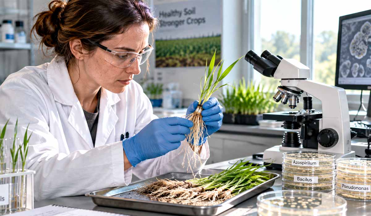Pesquisadora compara sistemas radiculares de trigo em laboratório para avaliar o efeito das bactérias sobre a doença nas raízes Pesquisadora compara sistemas radiculares de trigo em laboratório para avaliar o efeito das bactérias sobre a doença nas raízes