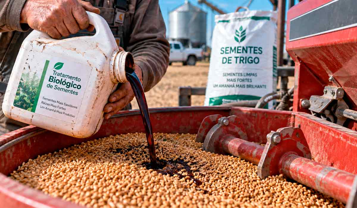 Sementes de trigo recebem tratamento com inoculante biológico, tecnologia aplicada no plantio para proteger as raízes da cultura Sementes de trigo recebem tratamento com inoculante biológico, tecnologia aplicada no plantio para proteger as raízes da cultura