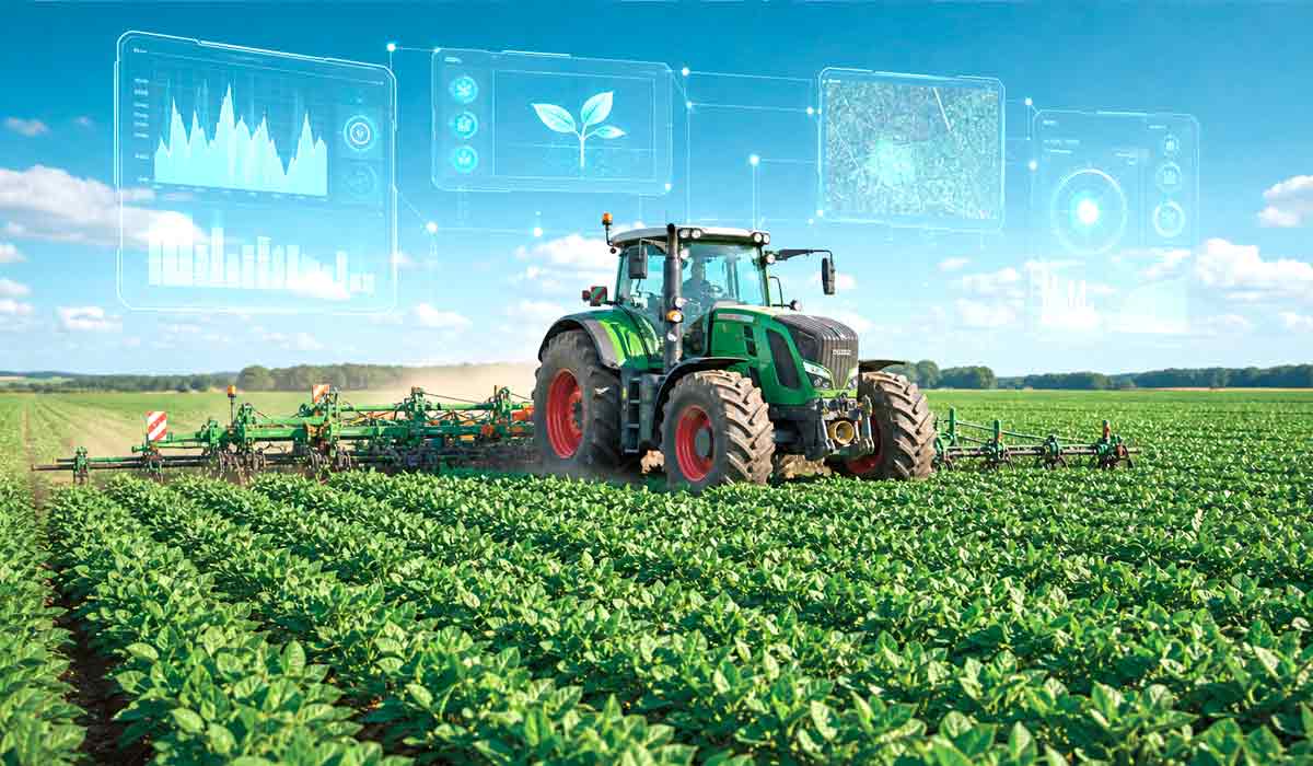 Trator conectado em lavoura tecnológica representa a integração entre máquinas, dados e inteligência artificial que orientará a Agritechnica 2027 Trator conectado em lavoura tecnológica representa a integração entre máquinas, dados e inteligência artificial que orientará a Agritechnica 2027