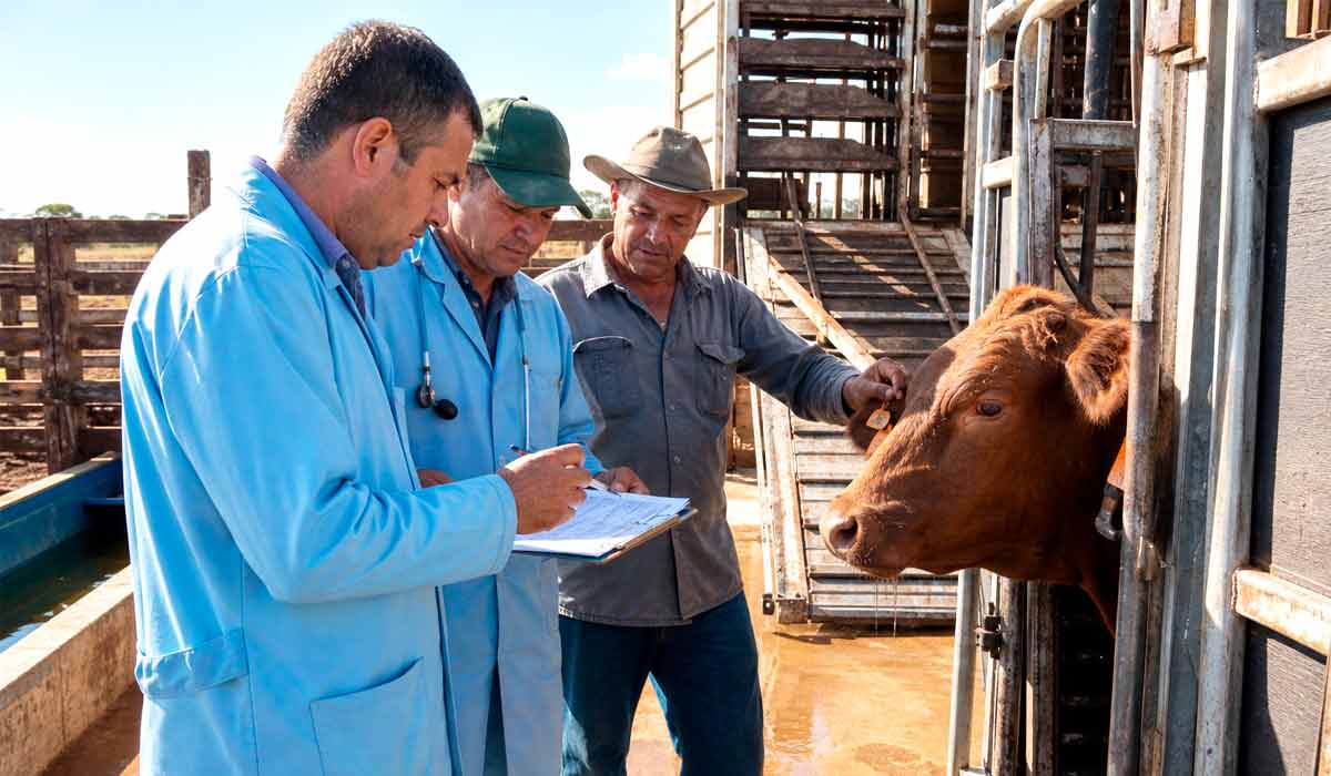Conferência de guia de trânsito e identificação animal na recepção, etapa obrigatória antes do alojamento e exame clínico na chegada complementa os laudos de brucelose e tuberculose exigidos dos bovinos participantes Conferência de guia de trânsito e identificação animal na recepção, etapa obrigatória antes do alojamento e exame clínico na chegada complementa os laudos de brucelose e tuberculose exigidos dos bovinos participantes