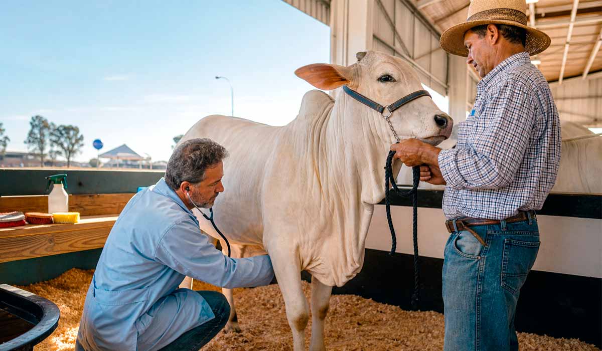 Avaliação clínica durante o evento permite isolar rapidamente animais com sinais suspeitos e proteger o plantel. Acompanhamento veterinário diário nos pavilhões integra o protocolo de monitoramento sanitário das exposições Avaliação clínica durante o evento permite isolar rapidamente animais com sinais suspeitos e proteger o plantel. Acompanhamento veterinário diário nos pavilhões integra o protocolo de monitoramento sanitário das exposições