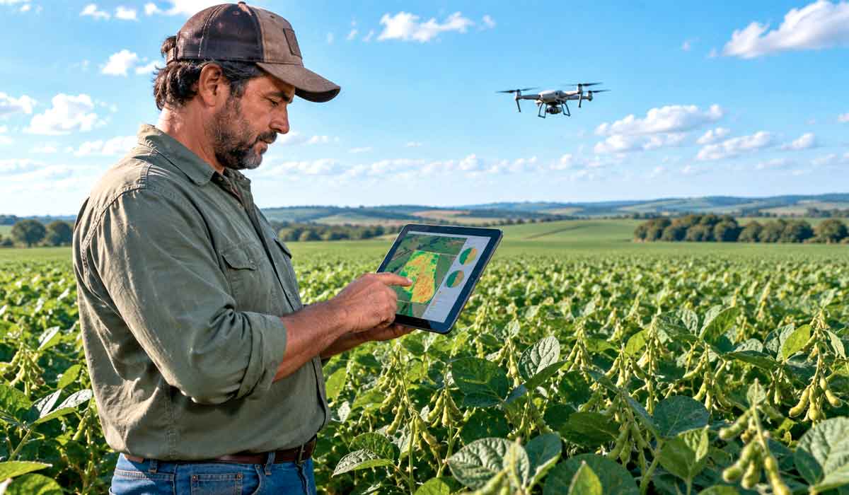 Produtor rural consulta dados digitais no campo com apoio de inteligência artificial, em cena que retrata a digitalização da agricultura brasileira