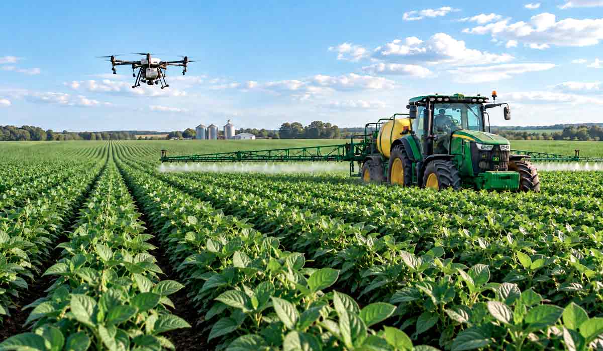 Drone sobrevoa lavoura para captar imagens que identificam pragas, falhas de plantio e deficiências nutricionais em tempo quase real Drone sobrevoa lavoura para captar imagens que identificam pragas, falhas de plantio e deficiências nutricionais em tempo quase real