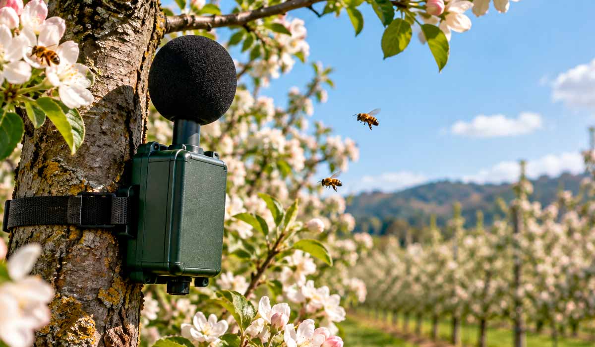 Dispositivo de monitoramento acústico instalado em pomar registra continuamente a atividade dos polinizadores, alimentando algoritmos que orientam o manejo Dispositivo de monitoramento acústico instalado em pomar registra continuamente a atividade dos polinizadores, alimentando algoritmos que orientam o manejo