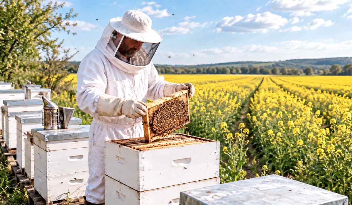 Colmeias de abelhas posicionadas na borda da lavoura mostram a integração entre apicultura e agricultura na polinização assistida de culturas comerciais Colmeias de abelhas posicionadas na borda da lavoura mostram a integração entre apicultura e agricultura na polinização assistida de culturas comerciais