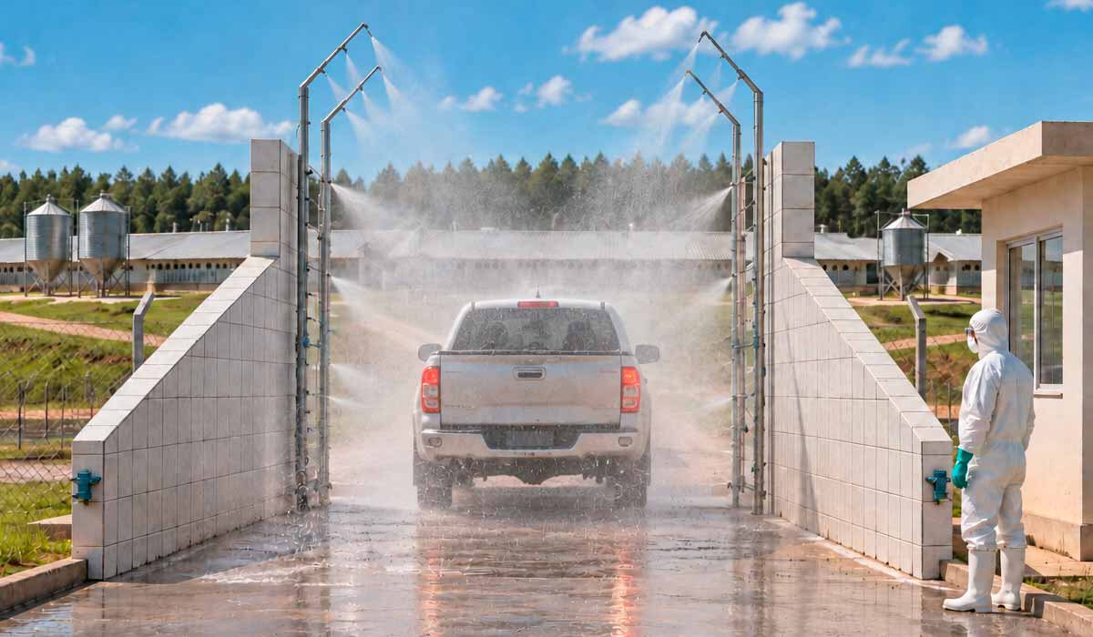 Técnico com equipamentos de proteção individual executam vigilância ativa como a desinfecção de veículos na entrada de granja, ação prevista no plano de contingência oficial Técnico com equipamentos de proteção individual executam vigilância ativa como a desinfecção de veículos na entrada de granja, ação prevista no plano de contingência oficial