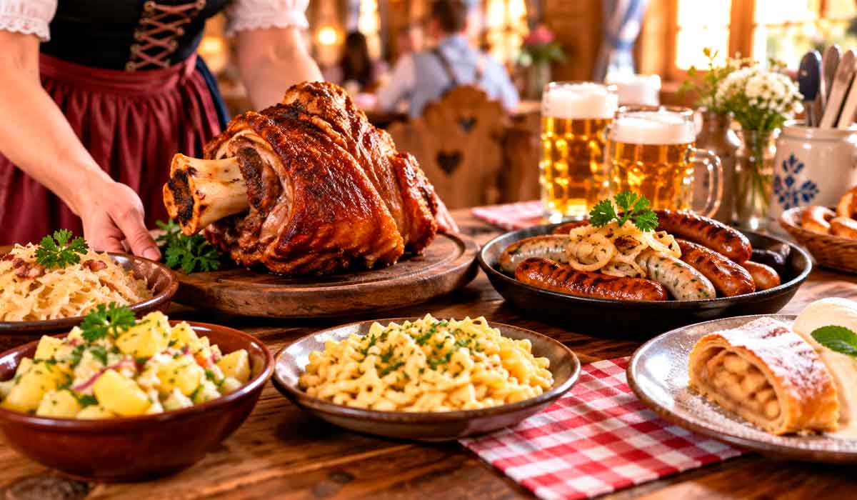 Mesa da cozinha alemã reúne eisbein, salsichas, chucrute e marreco recheado, pratos que conectam a festa às cadeias produtivas locais Mesa da cozinha alemã reúne eisbein, salsichas, chucrute e marreco recheado, pratos que conectam a festa às cadeias produtivas locais