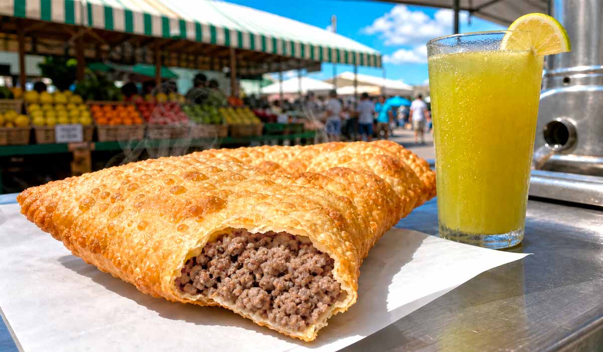 Massa aberta bem fina sobre bancada enfarinhada, etapa que define a textura crocante do pastel de feira Pastel dourado e recém-frito ao lado de um copo de caldo de cana gelado, a dupla mais reconhecível das feiras resume a gastronomia popular paulistana