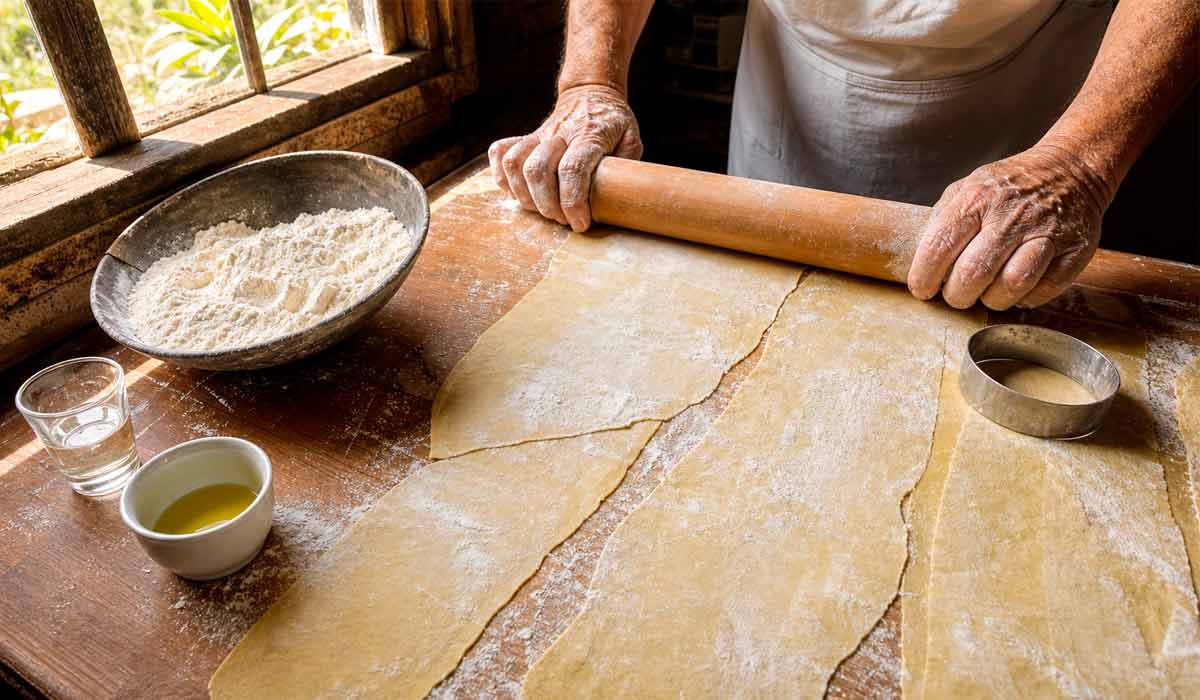 Massa aberta bem fina sobre bancada enfarinhada, etapa que define a textura crocante do pastel de feira Massa aberta bem fina sobre bancada enfarinhada, etapa que define a textura crocante do pastel de feira