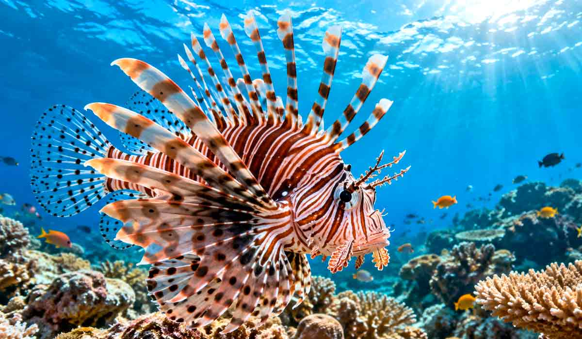 Peixe-leão sobre recife de corais em águas cristalinas, com as nadadeiras abertas