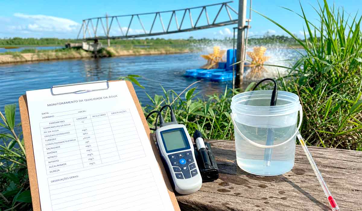Planilhas de monitoramento e medidor portátil de oxigênio dissolvido em viveiro, rotina que sustenta a autodeclaração ambiental, dados que passam a definir enquadramento e comprovar conformidade do empreendimento Planilhas de monitoramento e medidor portátil de oxigênio dissolvido em viveiro, rotina que sustenta a autodeclaração ambiental, dados que passam a definir enquadramento e comprovar conformidade do empreendimento