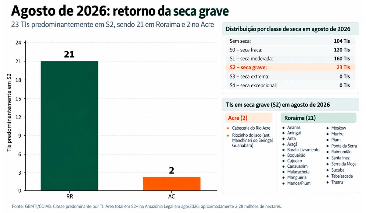 Localização por UF das 23 TIs predominantemente em seca grave, agosto de 2026. Fonte: GEMTI/COIAB Localização por UF das 23 TIs predominantemente em seca grave, agosto de 2026. Fonte: GEMTI/COIAB