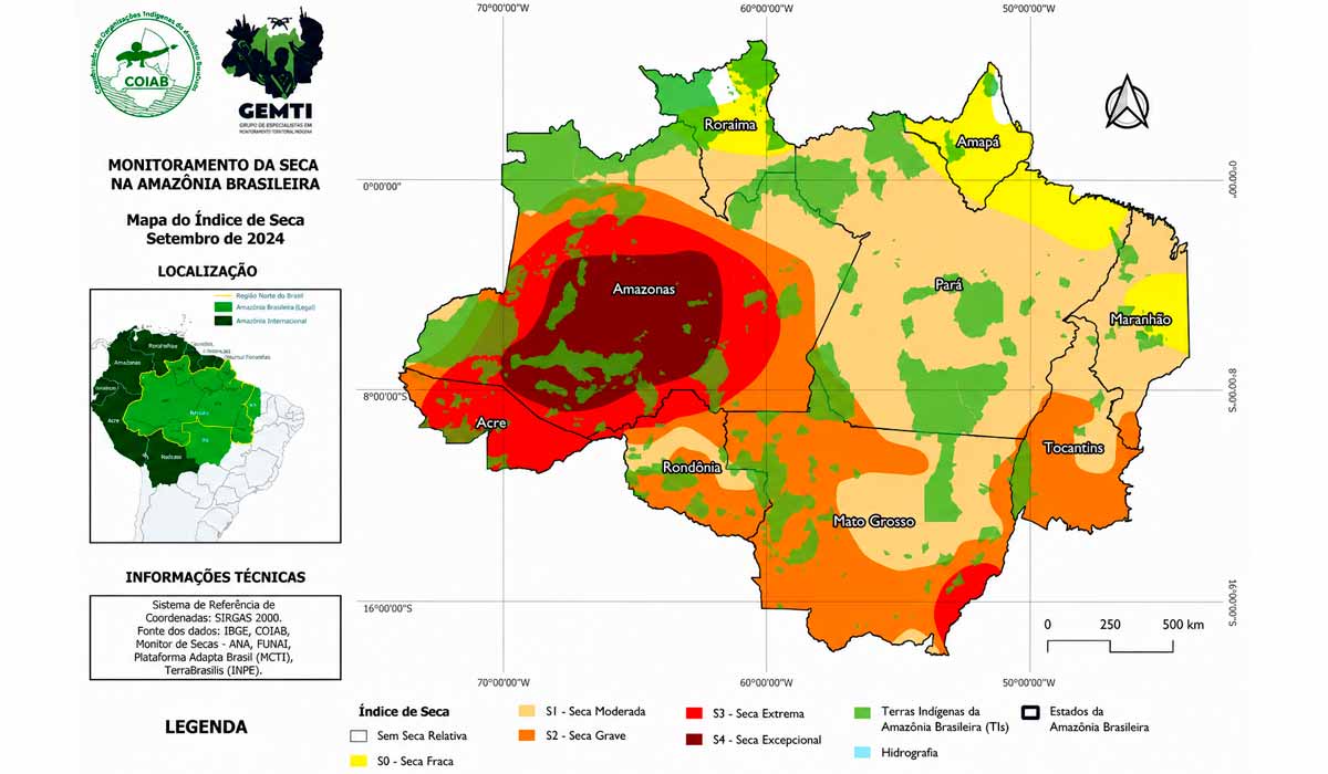 Áreas sob seca extrema (S3) e seca excepcional (S4) na Amazônia Brasileira – Setembro de 2024 Áreas sob seca extrema (S3) e seca excepcional (S4) na Amazônia Brasileira – Setembro de 2024