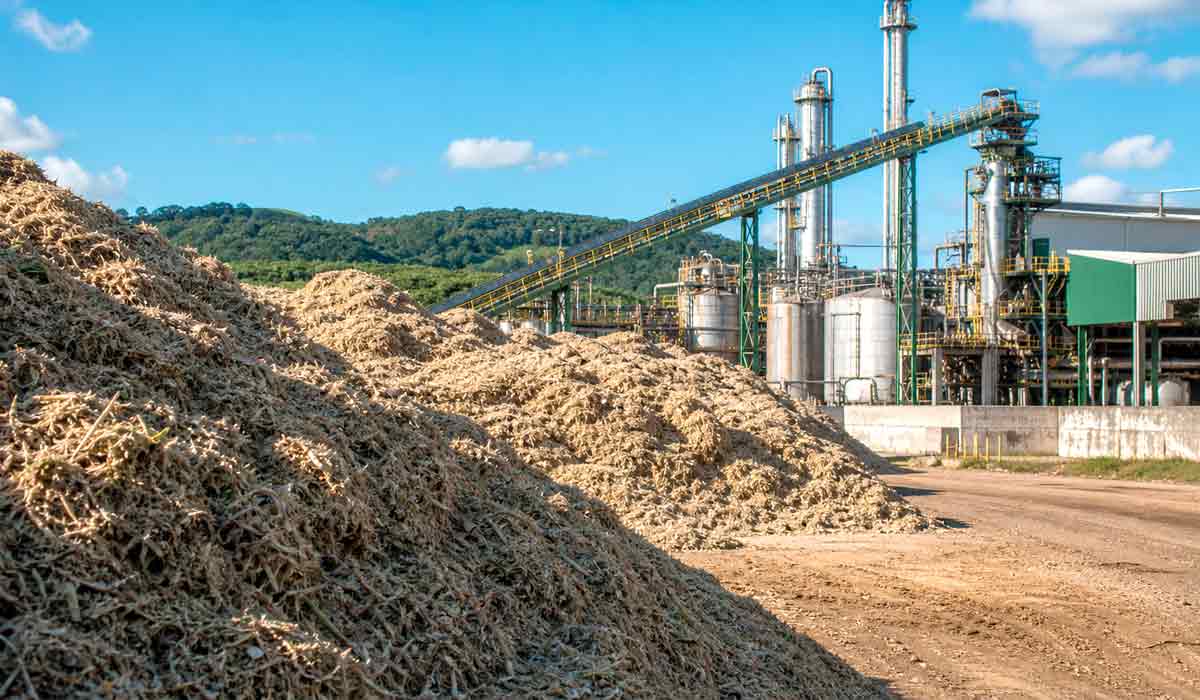 Pátio de bagaço junto à planta industrial: resíduo que hoje rende pouco e pode se tornar fonte relevante de etanol adicional Pátio de bagaço junto à planta industrial: resíduo que hoje rende pouco e pode se tornar fonte relevante de etanol adicional